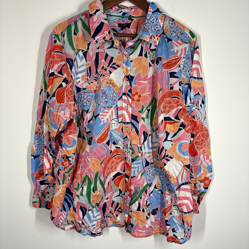 Talbots Plus Womens Floral Tropical Long Sleeve Button Up Shirt Size 3X Office